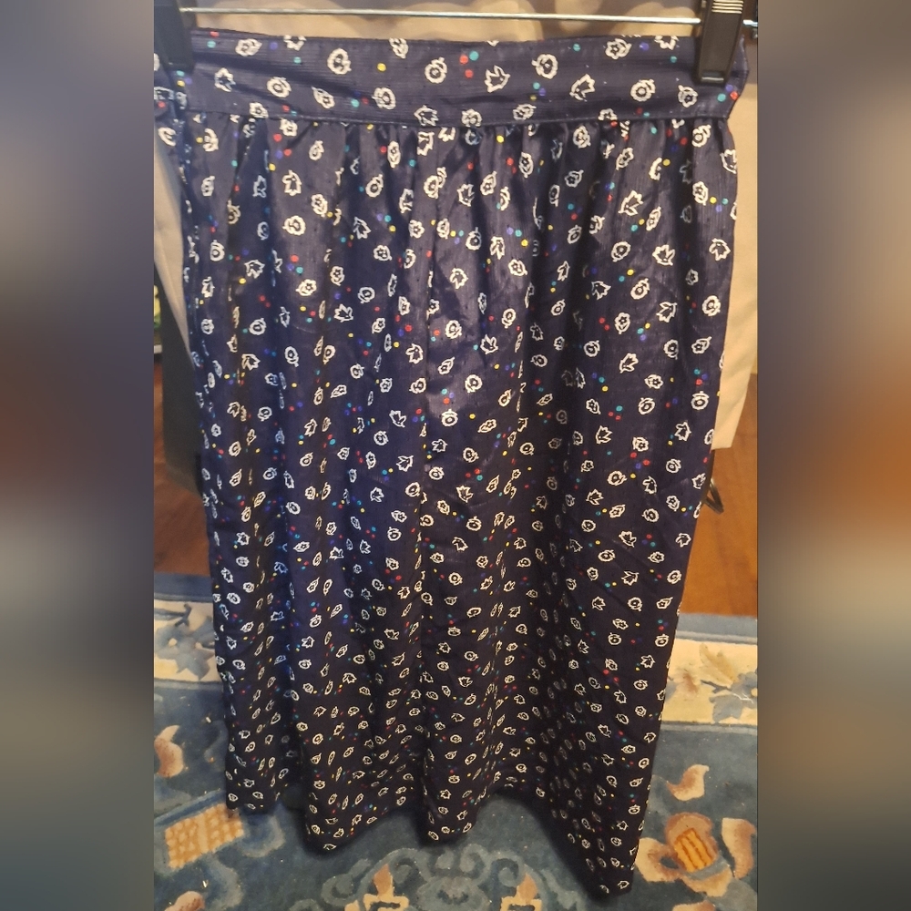 Petite Sophisticate Dark Blue Maxi Skirt with White Floral Design